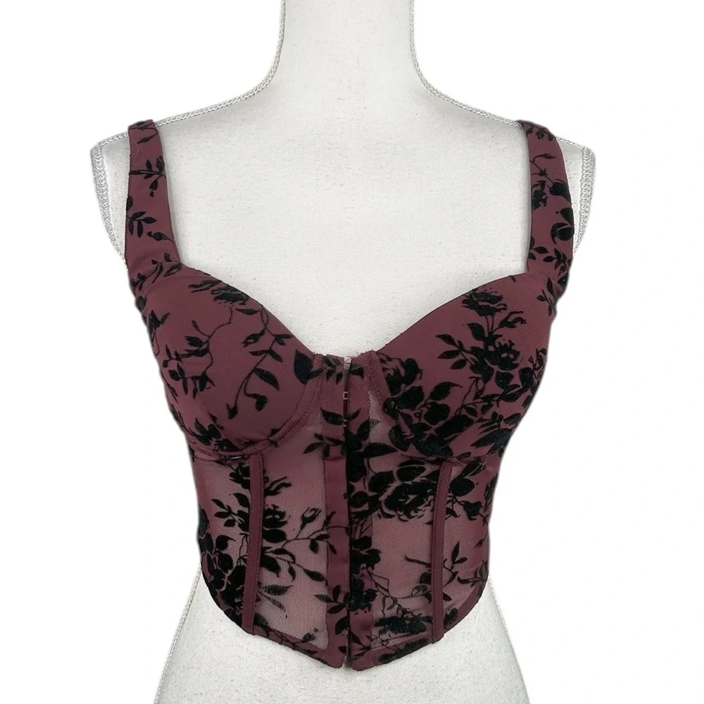 Windsor Burgundy Burnout Velvet Floral Y2K 90's Whimsigoth Goth Whimsical Corset - Picture 1 of 9